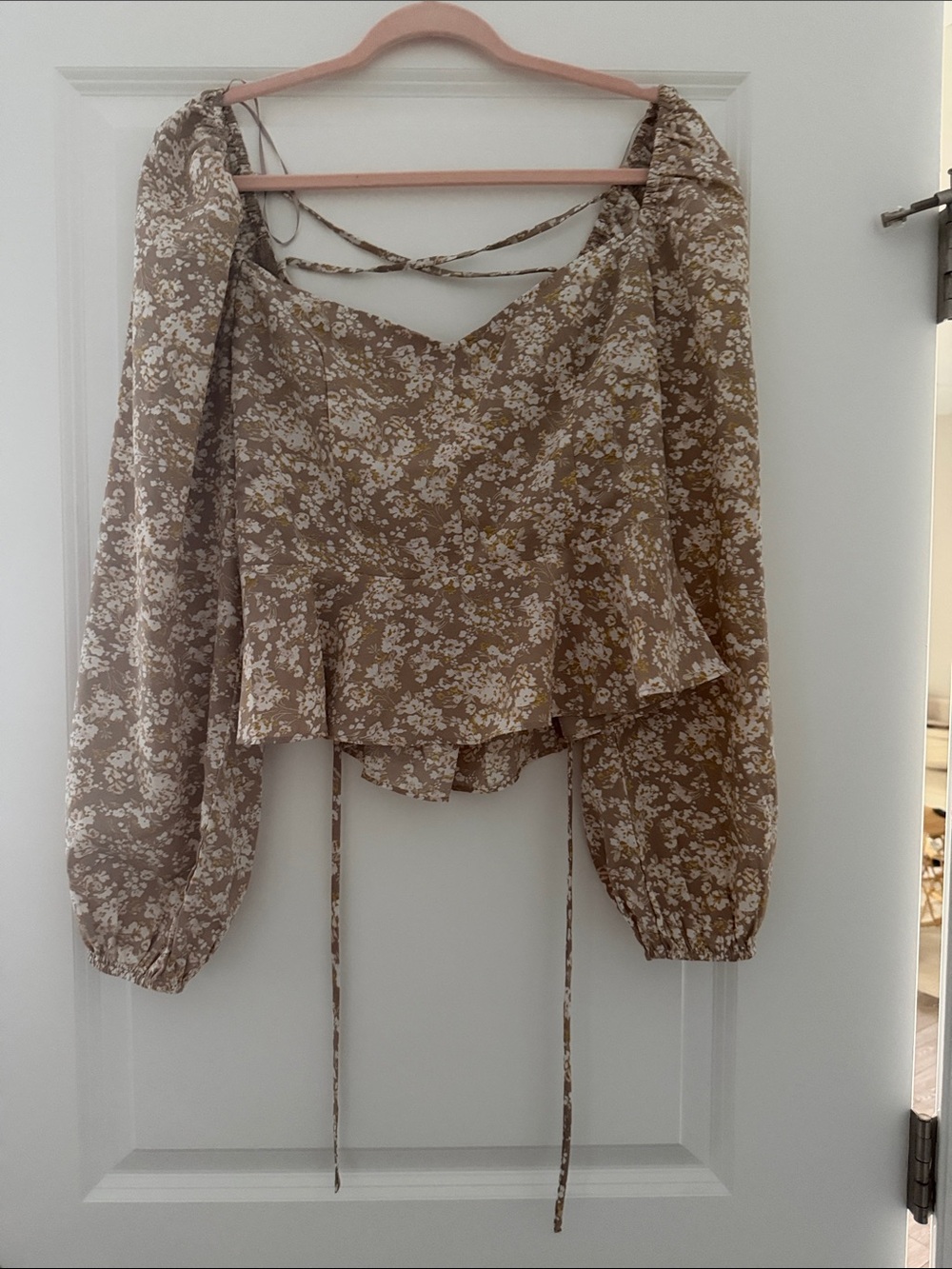 Beige Floral Peplum Blouse with Long Puff Sleeves